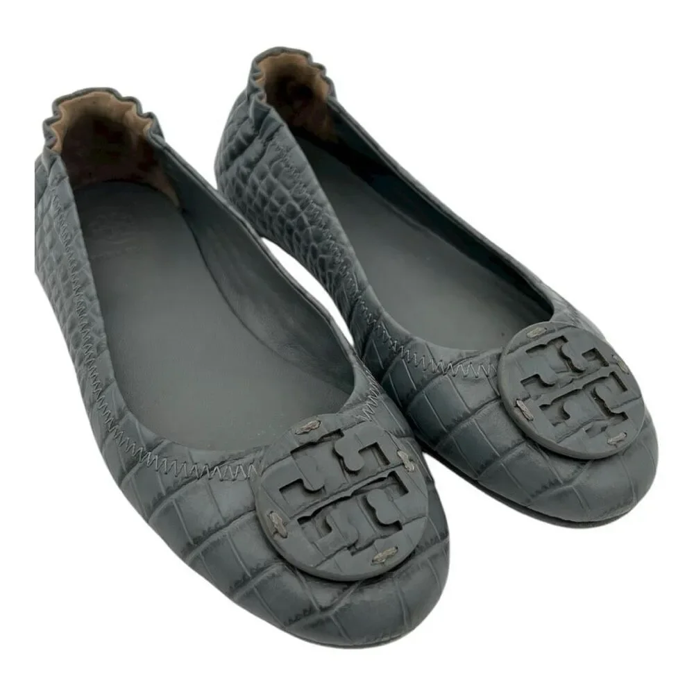Tory Burch Women's Leather Croc Embossed Minnie Travel Ballet Flats Gray Sz 5.5